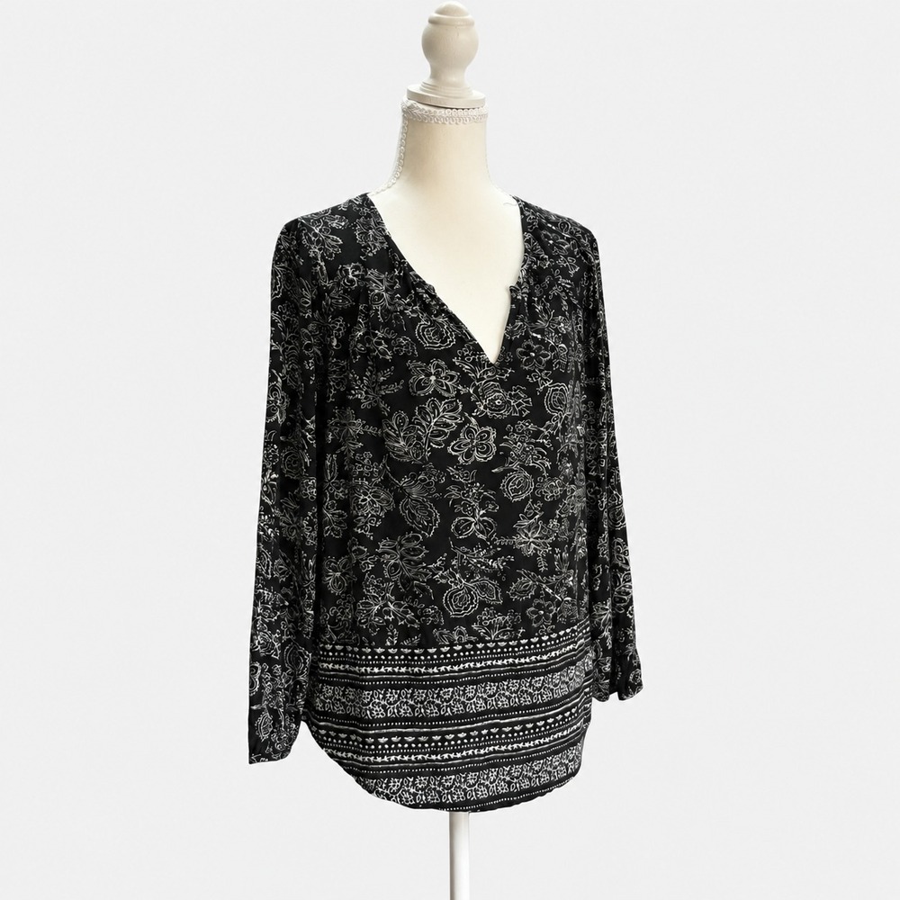 Boho Paisley Blouse Black White V Neck Long Sleeve Tunicโ Women's Large